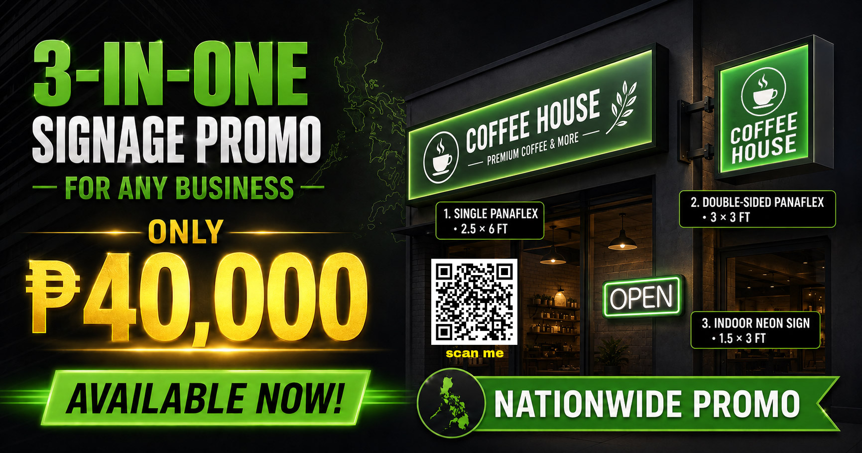 Custom 3-in-1 business signage package with Panaflex and indoor LED Neon signs by Skylite